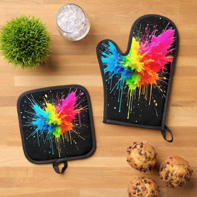 Rainbow Splash Powder Art Ofenhandschuh & Topflappen-Set (Oben Unten)