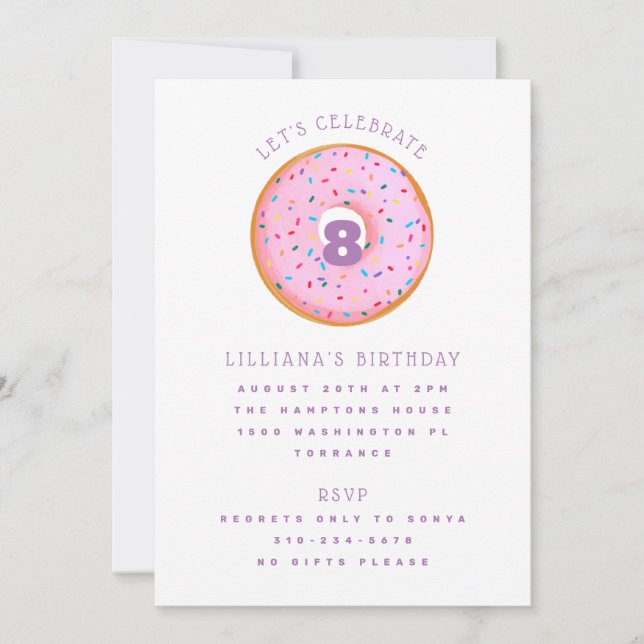 Rainbow Sprinkle Donut Pink Lila Kindergeburtstag Einladung (Vorderseite)