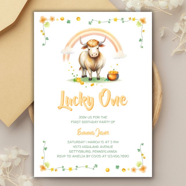 Rainbow St Patricks Day Lucky Eins Geburtstag Einladung (Rainbow St. Patrick’s Day Lucky One 1st Birthday Invitation)