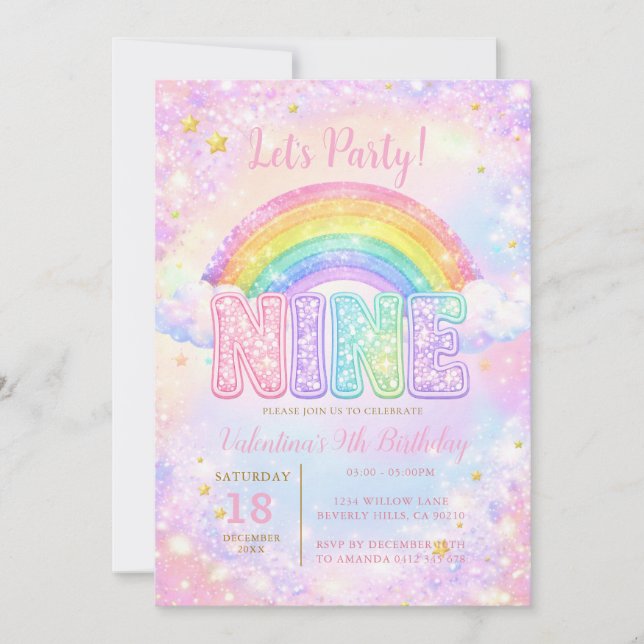 Rainbow Star Pink Purple 9th Birthday Party Einladung (Vorderseite)