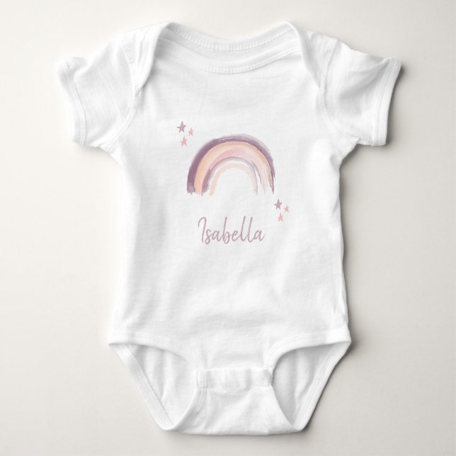 Rainbow & Stars Boho Mute Pink Baby Name Baby Strampler (Vorderseite)