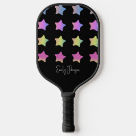 Rainbow Stars Gradient Black Script Name Pickleball Schläger