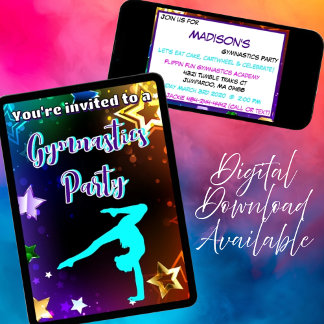 Rainbow Stars Gymnastik Geburtstagsparty Einladung