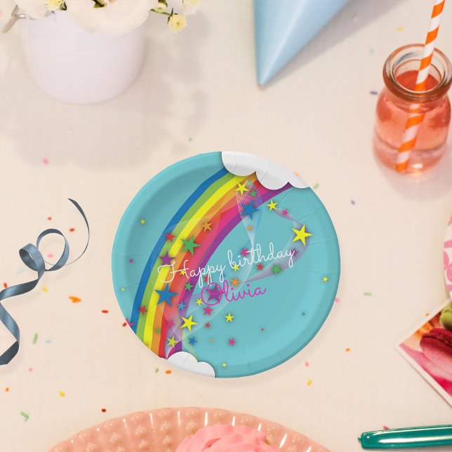Rainbow Stars Sky Clouds & Name Happy Birthday Pappteller (Von Creator hochgeladen)