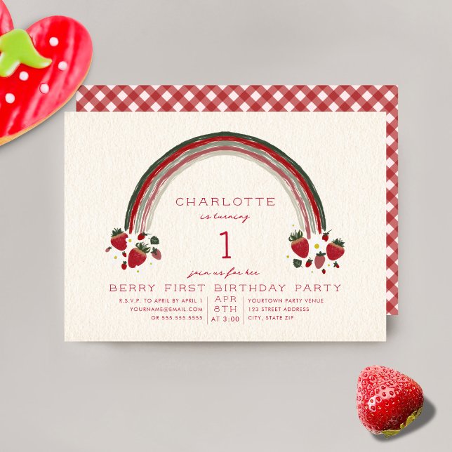 Rainbow Strawberry Berry Gingham First Birthday Einladung (Von Creator hochgeladen)
