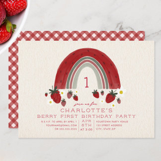 Rainbow Strawberry Gingham Berry 1. Geburtstag Einladung