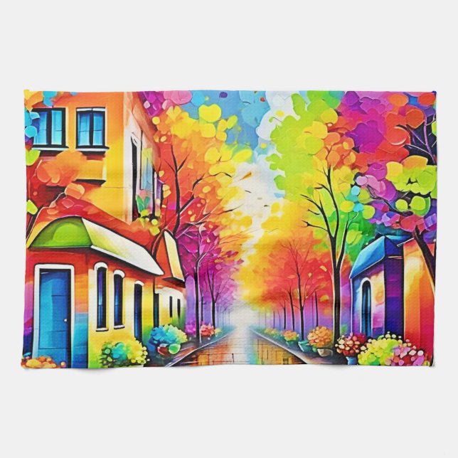 Rainbow Street: Lebendige Stadt Geschirrtuch (Horizontal)
