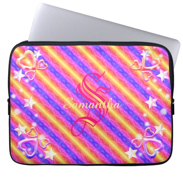 Rainbow Stripe Monogram Name Sparkle Hearts Girly Laptopschutzhülle (Vorderseite)