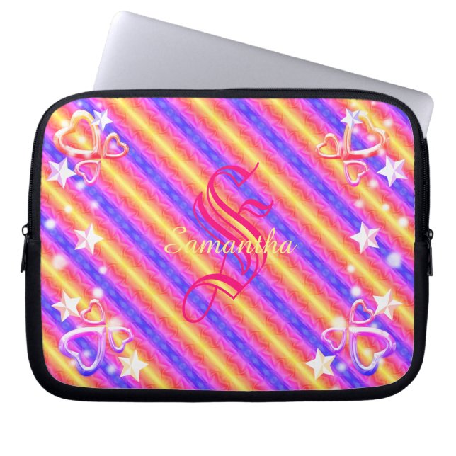 Rainbow Stripe Monogram Name Sparkle Hearts Girly Laptopschutzhülle (Vorderseite)