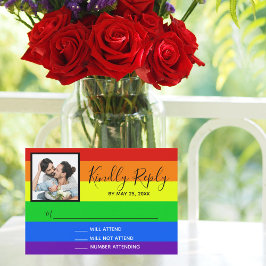 Rainbow Striped LGBTQ Couple Foto Gay Wedding RSVP Karte