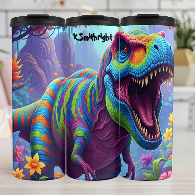 Rainbow Striped T-Rex Roaring Jungle Thermosbecher (Von Creator hochgeladen)