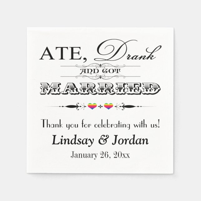 Rainbow Stripes Hearts and Scrolls Wedding Napkins Serviette (Vorderseite)