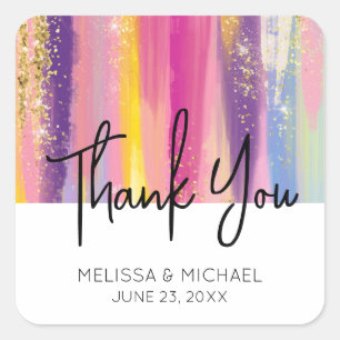 Rainbow Stripes mit Imitate Gold Glitzer Hochzeit Quadratischer Aufkleber