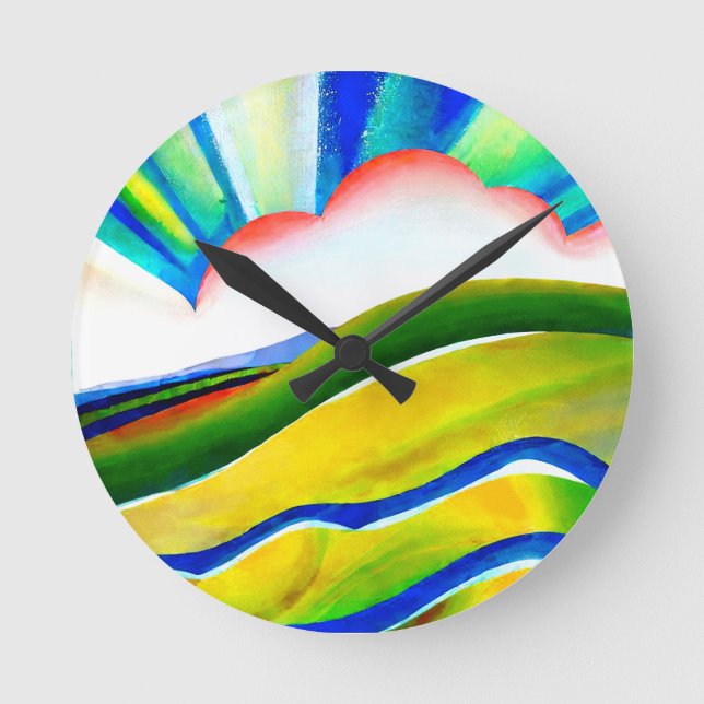 Rainbow Sunburst Landschaft Runde Wanduhr (Vorderseite)