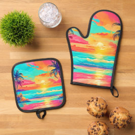 Rainbow Sunset Beach Ofenhandschuh & Topflappen-Set