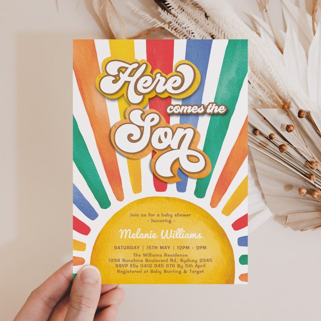 Rainbow Sunshine Baby Shower Hier kommt der Sohn Einladung (Von Creator hochgeladen)