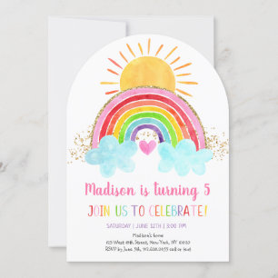 Rainbow Sunshine Pink Gold Geburtstag Einladung