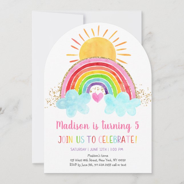 Rainbow Sunshine Pink Gold Geburtstag Einladung (Vorderseite)