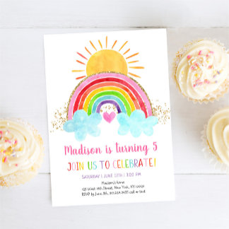 Rainbow Sunshine Pink Gold Geburtstag Einladung