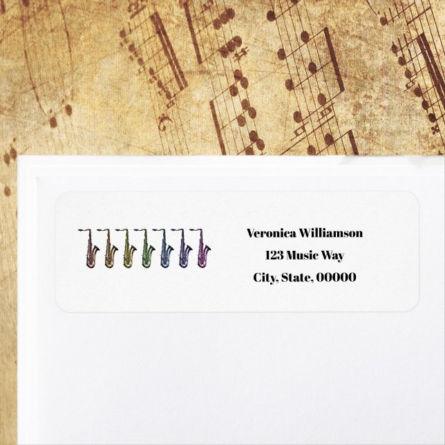 Rainbow Tenor Saxophone Personalize Return Address (Return address label with a rainbow of saxophones)