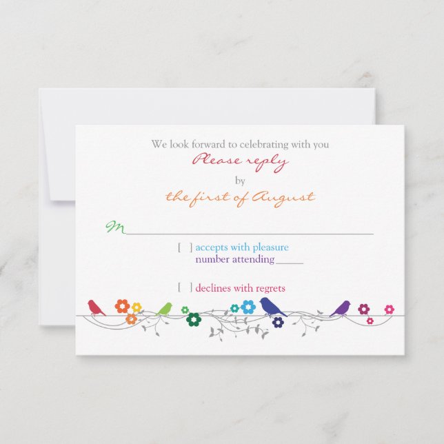 Rainbow Theme Birds Blume Hochzeit RSVP Antwort (Vorderseite)