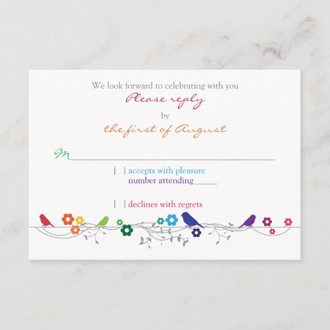 Rainbow Theme Birds Blume Hochzeit RSVP Antwort (Vorderseite)