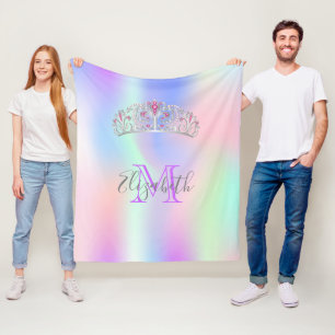 Rainbow-Tiara-Kronen-Rosa-Monogramm-Holografie Fleecedecke