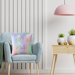 Rainbow-Tiara-Kronen-Rosa-Monogramm-Holografie Kissen