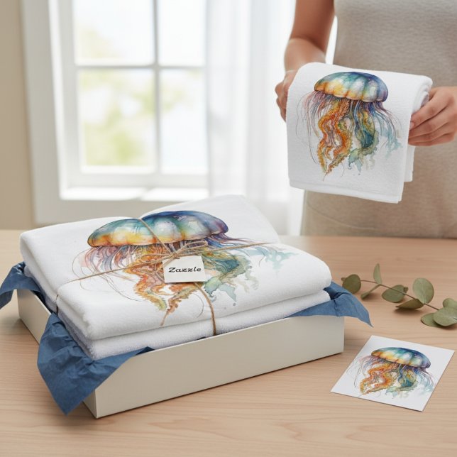 Rainbow Tides Jellyfish: Wasserfarben Kunst Badehandtuch (Von Creator hochgeladen)
