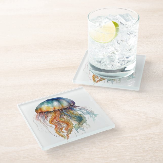 Rainbow Tides Jellyfish: Wasserfarben Kunst Glasuntersetzer (Schrägansicht)
