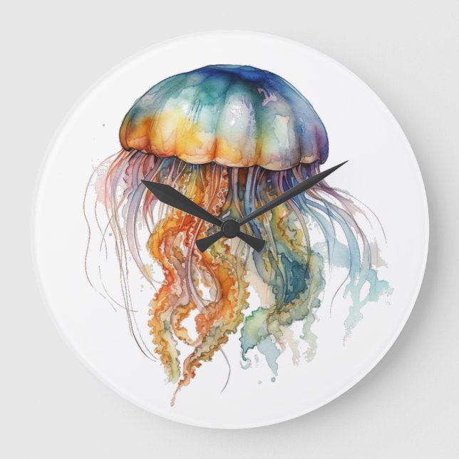 Rainbow Tides Jellyfish: Wasserfarben Kunst Große Wanduhr (Vorderseite)