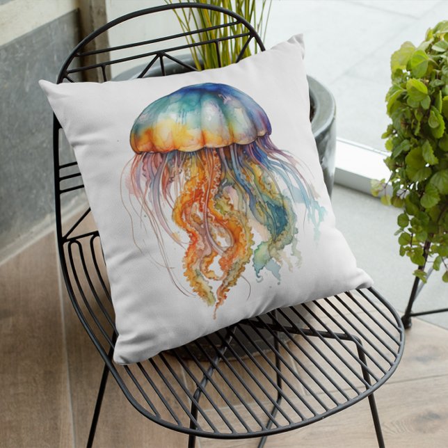 Rainbow Tides Jellyfish: Wasserfarben Kunst Kissen (Von Creator hochgeladen)