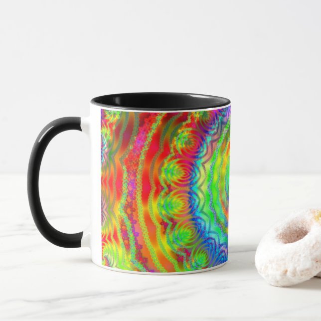 Rainbow Tiedye Fraktal Mandala Kaffeetasse (Mit Donut)