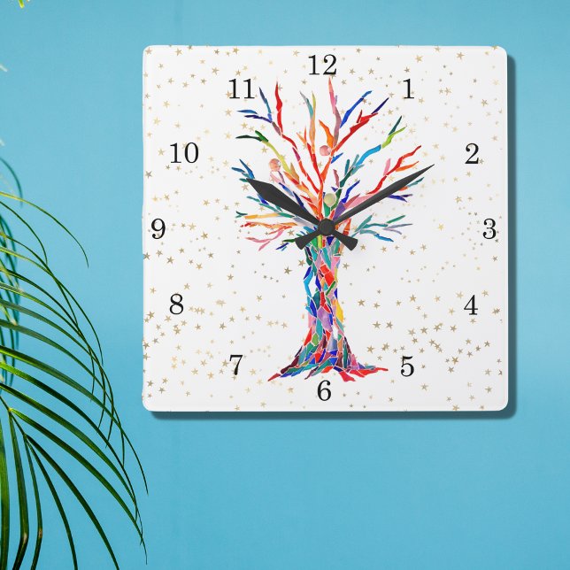 Rainbow Tree Gold Stars Quadratische Wanduhr (Von Creator hochgeladen)