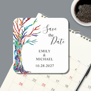 Rainbow Tree Wedding Save the Date Rechteckiger Pappuntersetzer
