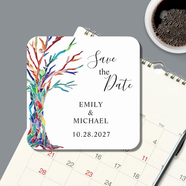 Rainbow Tree Wedding Save the Date Rechteckiger Pappuntersetzer (Von Creator hochgeladen)