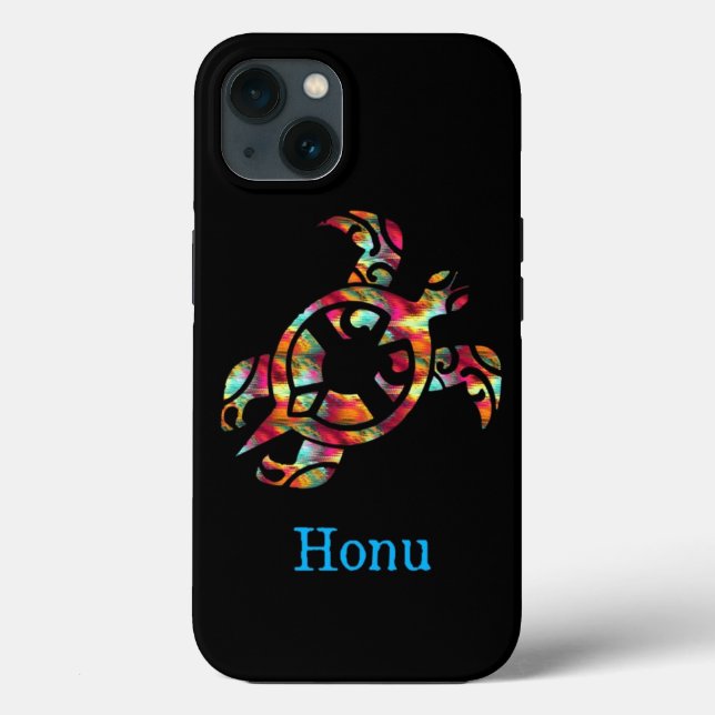 Rainbow Tribal Hawaiian Sea Turtle auf Schwarz Case-Mate iPhone Hülle (Rückseite)