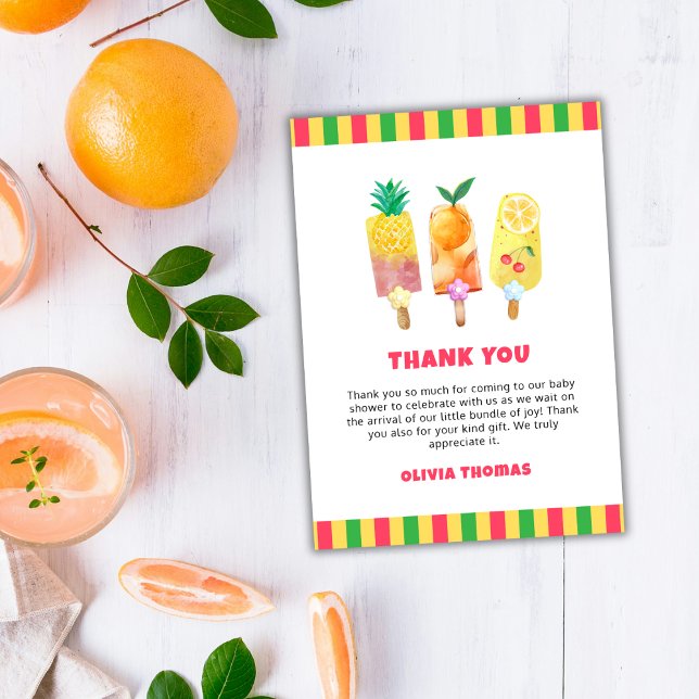 Rainbow Tropical Fruchtseis Creme Pop Babydusche Dankeskarte (Rainbow Tropical Fruit Ice Cream Pop Baby Shower Thank You Card)