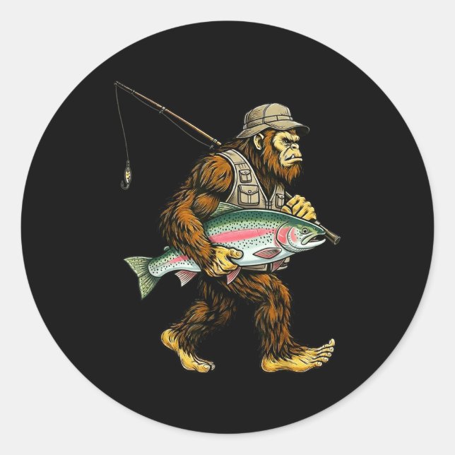 Rainbow Trout Bigfoot Fisherman River Fishing Sasq Runder Aufkleber (Vorderseite)