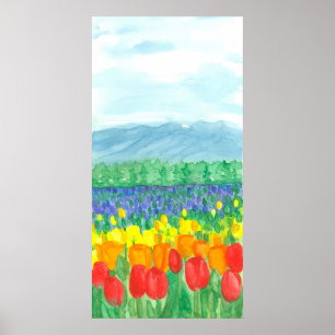 Rainbow Tulip Field Wasserfarbe Blume Poster