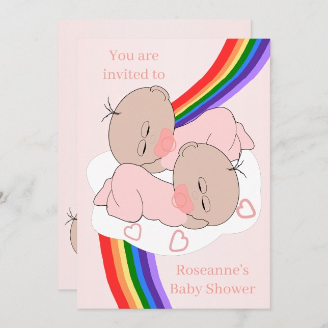Rainbow Twin Baby Girls Babydusche Einladung (Vorne/Hinten)