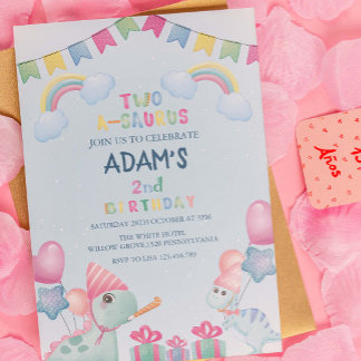 Rainbow Two-a-saurus 2. Geburtstag Blue Dinosaurie Einladung