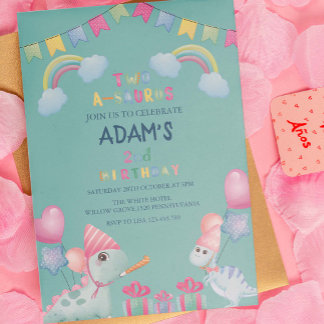 Rainbow two-a-saurus 2. Geburtstags-Party Dinosaur Einladung