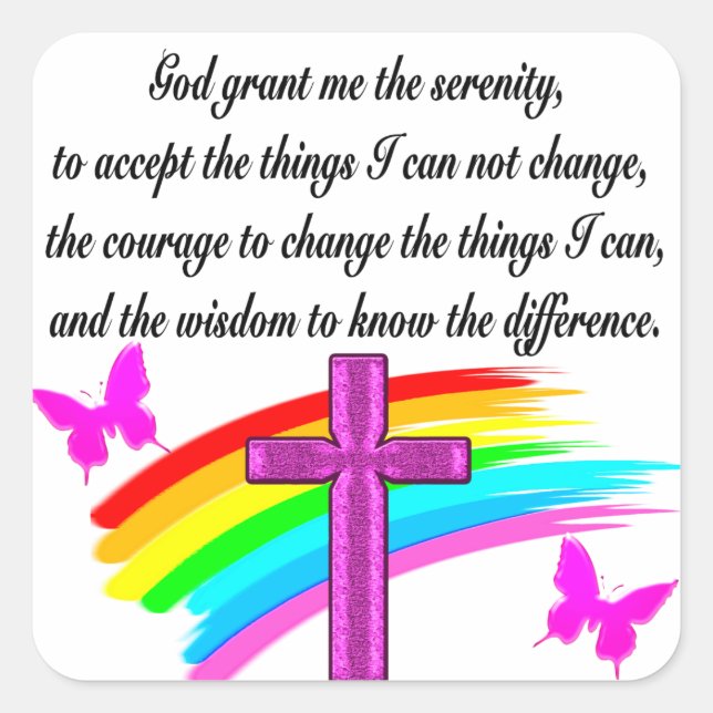 RAINBOW UND CROSS SERENITY PRAYER DESIGN QUADRATISCHER AUFKLEBER (Vorderseite)