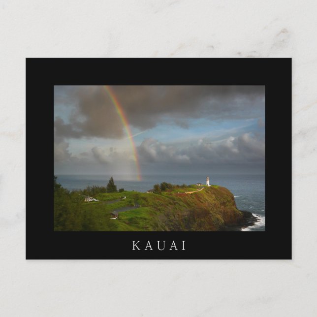 Rainbow und Kilauea Lighthouse schwarzer Text Post Postkarte (Vorderseite)