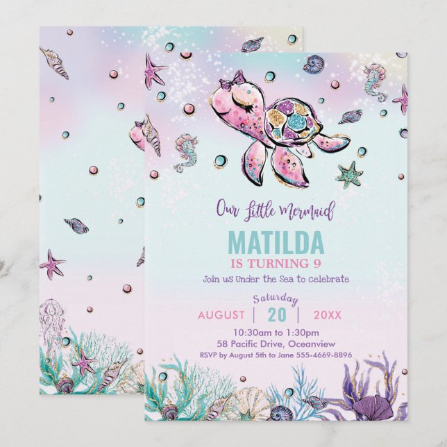 Rainbow Under Sea Turtle Coral Birthday Party Einladung (Vorne/Hinten)
