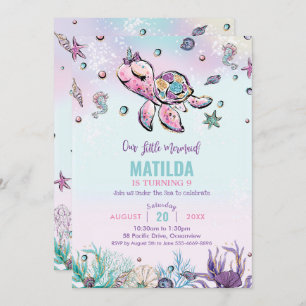 Rainbow Under Sea Turtle Coral Birthday Party Einladung