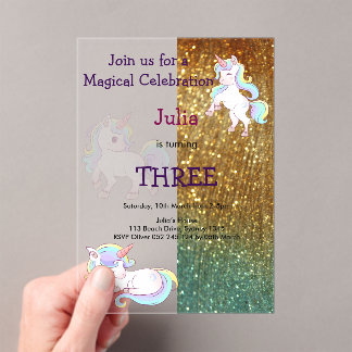 Rainbow Unicorbaby Mädchen Geburtstaggold Acryleinladungen