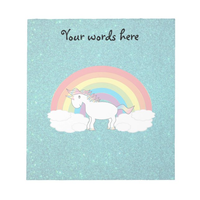 Rainbow unicorfarbener türkisfarbener Glitzer Notizblock (Vorderseite)