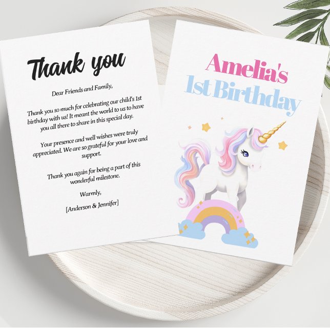 Rainbow Unicorn 1. Geburtstag Dankeskarte (Von Creator hochgeladen)